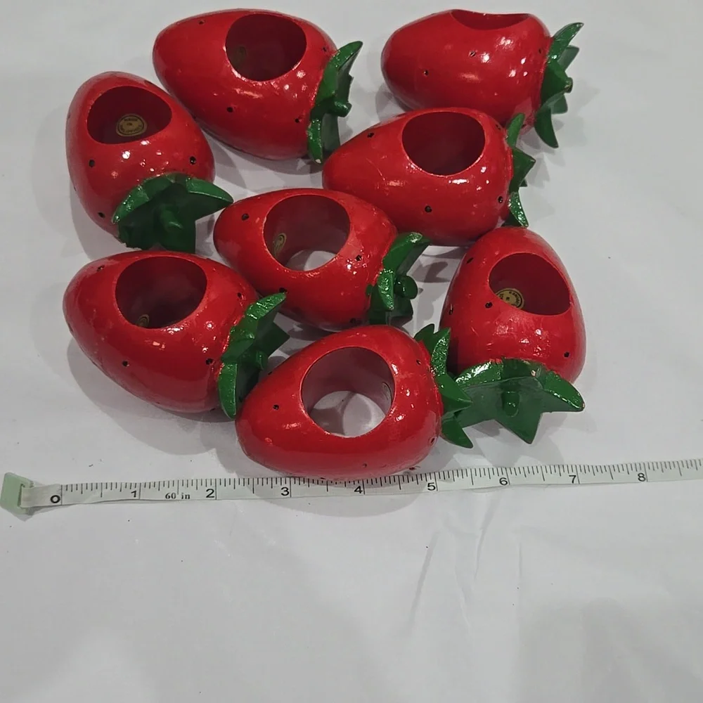 Vintage Strawberry Wooden painted napkin rings Set Of 8